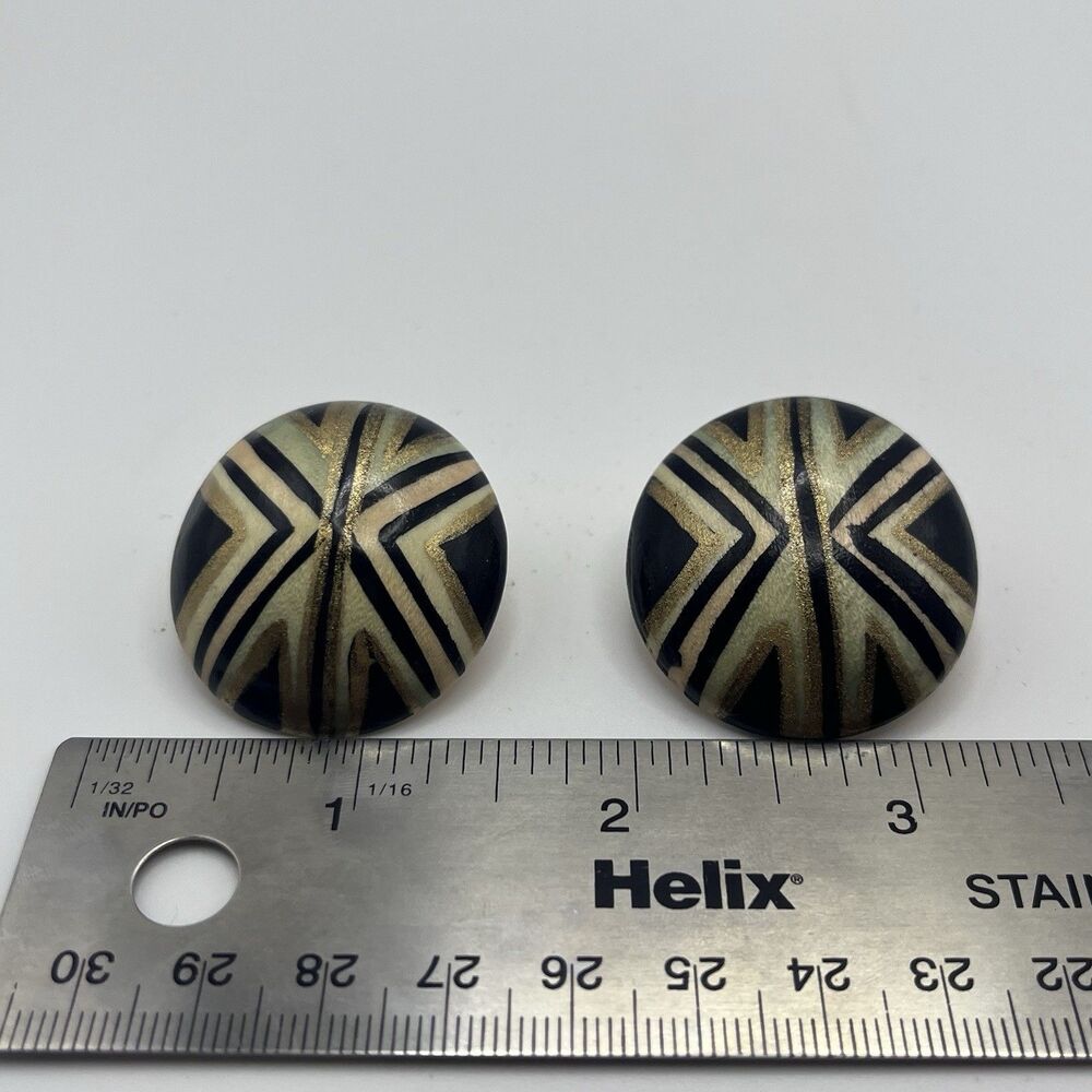 Wooden Button Stud Post Earrings Geometric Dome Retro Hand Painted Costume 80’s